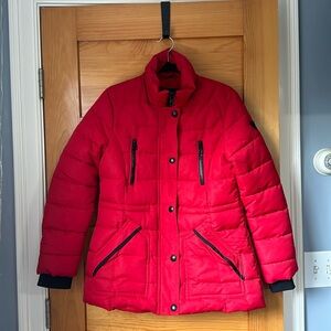 Red Guess Puffer Jacket with Detachable Fur Hood